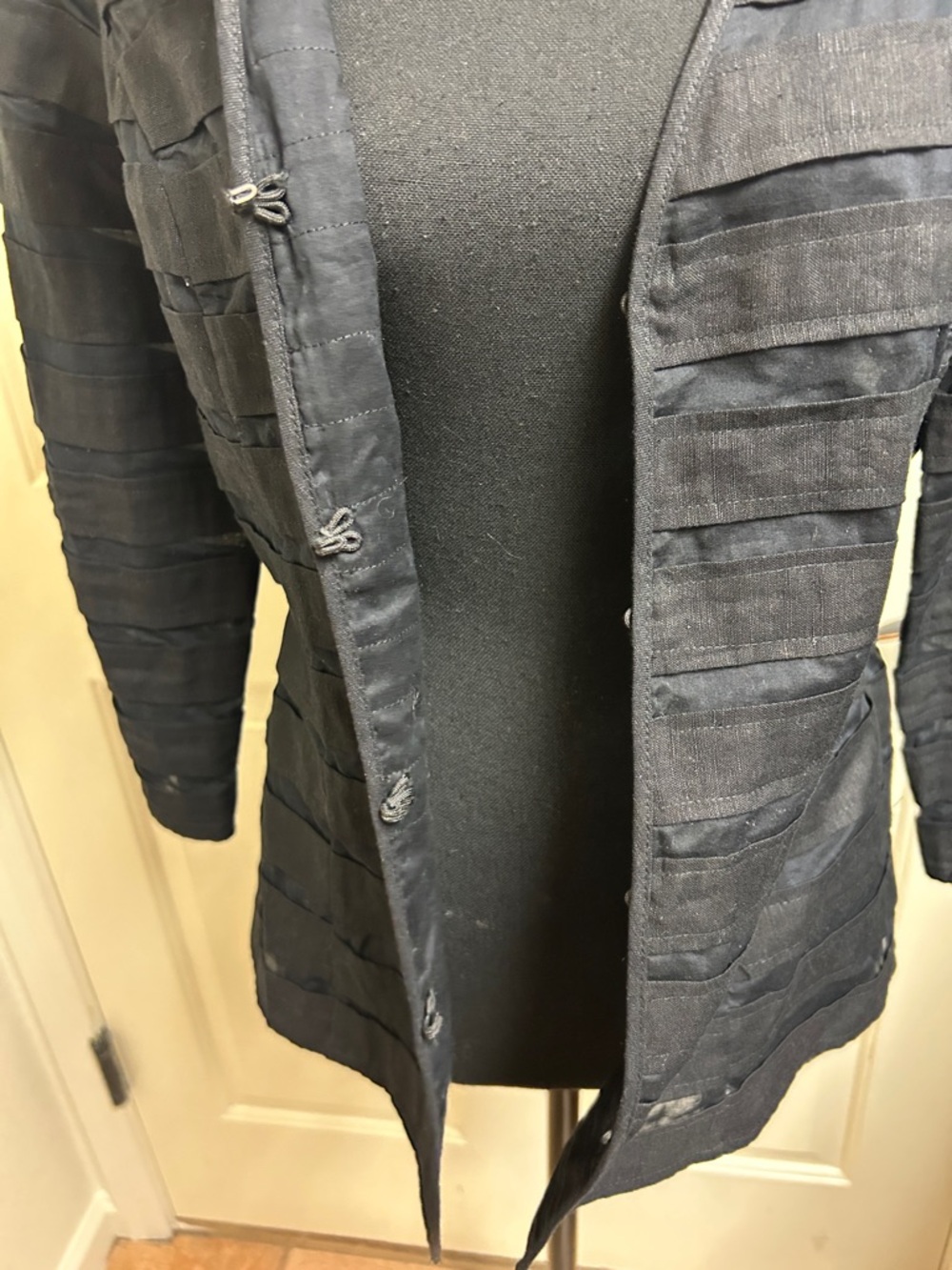 Chico's black jacket featuring striped textured fabric with sheer panels, Size 0 - Picture 4 of 9
